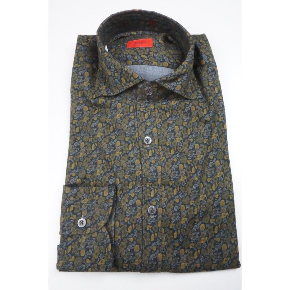 Isaia Vibrant Green Blue Floral Long Sleeve Cotton Dress Shirt 15.5/39 NEW